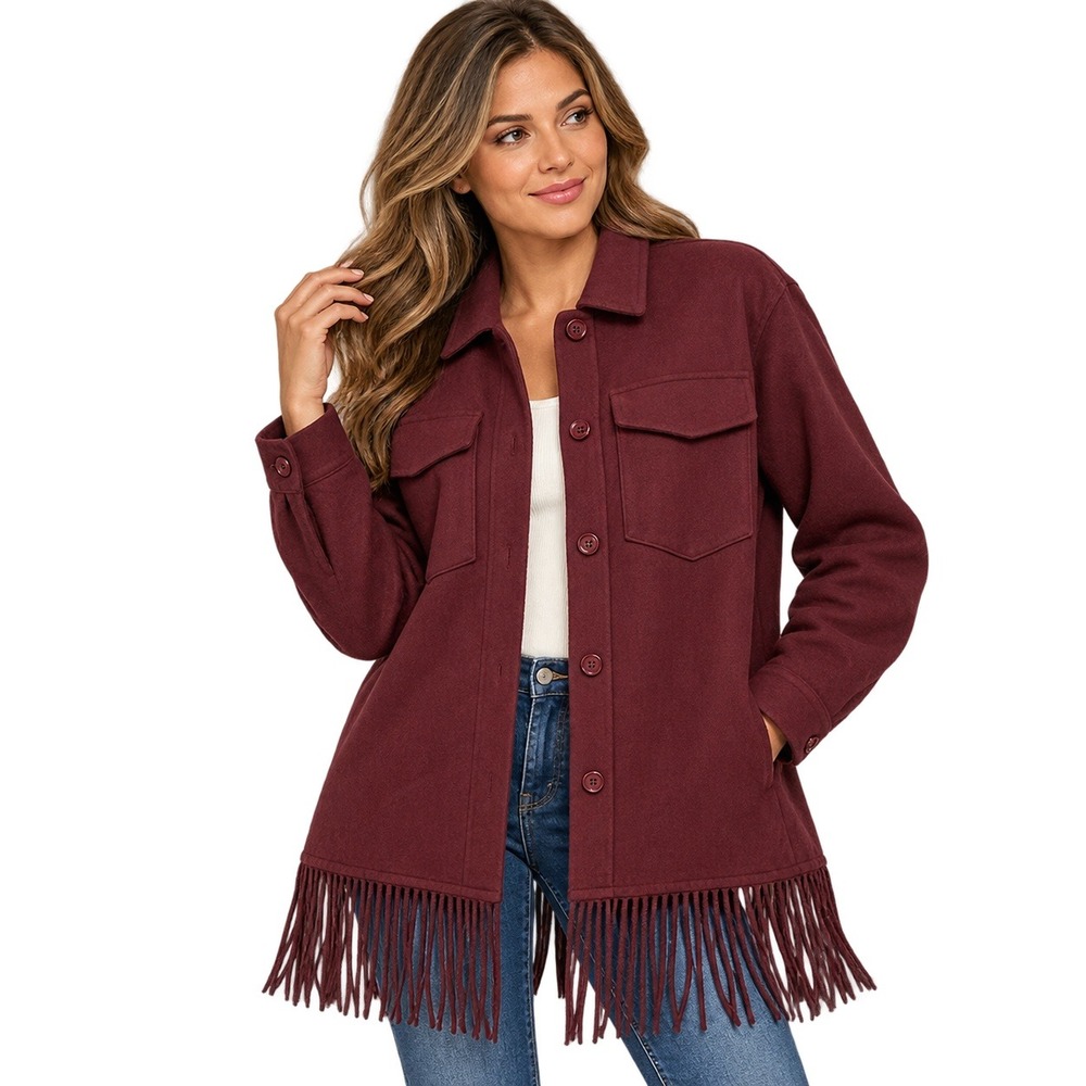 Fringe Jacket Women L Burgundy Western Boho Festival Indie Cowgirl Shacket Rodeo
